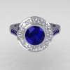 Brilliant Style 10K White Gold 1.0 Carat Round Blue Sapphire Diamond Bead-Set Border Engagement Ring R42-10KWGDBSS-3