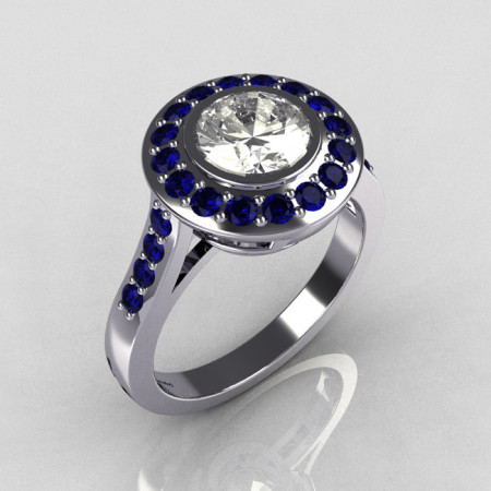 Classic Brilliant Style 14K White Gold 1.0 Carat Round CZ Accent Sapphire Bead-Set Border Engagement Ring R42-14KWGBSCZ-1