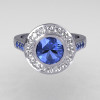 Classic Brilliant Style 10K White Gold 1.0 Carat Round Blue Topaz Diamond Bead-Set Border Engagement Ring R42-10KWGDBTT-2