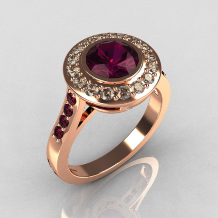 Classic Brilliant Style 14K Pink Gold 1.0 Carat Round Amethyst Diamond Bead-Set Border Engagement Ring R42-14KPGDAMM-1
