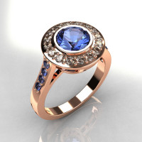 Classic Brilliant Style 18K Pink Gold 1.0 Carat Round Blue Topaz Diamond Bead-Set Border Engagement Ring R42-18KPGDBTT-1
