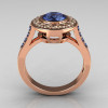 Classic Brilliant Style 18K Pink Gold 1.0 Carat Round Blue Topaz Diamond Bead-Set Border Engagement Ring R42-18KPGDBTT-2