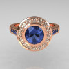 Classic Brilliant Style 18K Pink Gold 1.0 Carat Round Blue Topaz Diamond Bead-Set Border Engagement Ring R42-18KPGDBTT-3