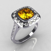 Classic Legacy Style 14K White Gold 2.0 Carat Cushion Cut Yellow Sapphire Diamond Engagement Ring R60-14KWGDYS-1