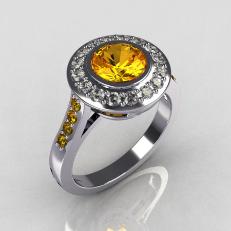 Classic Brilliant Style 10K White Gold 1.0 Carat Round Yellow Sapphire Diamond Bead-Set Border Engagement Ring R42-10KWGDYSS-1