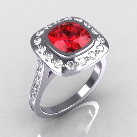 Classic Legacy Style 10K White Gold 2.0 Carat Cushion Cut Ruby Accent Diamond Engagement Ring R60-10KWGDR-1