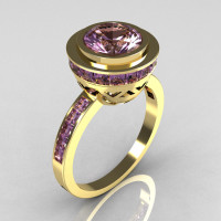 Modern Vintage 14K Yellow Gold 1.50 Carat Round and 1.1 Carat Invisible Square Lilac Amethyst Bridal Ring R78-14YGLAA-1