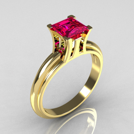 Modern Italian 18K Yellow Gold 1.0 Carat Princess Cut Pink Sapphire Solitaire Ring R98-18KYGPS-1