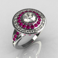 Modern Classic 14K White Gold 1.0 Carat Round CZ Pink Sapphire Diamond Bead-Set Engagement Ring R100-14KWGCZDPSS-1