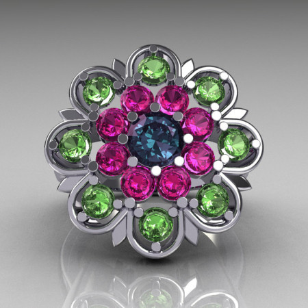 Modern Edwardian 14K White Gold Alexandrite Pink and Green Sapphire Cocktail Flower Ring R101-14KWGALPSGS-1
