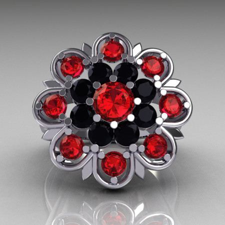 Modern Edwardian 14K White Gold Black Diamond Red Ruby Cocktail Flower Ring R101-14KWGBDRR-1