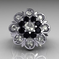 Modern Edwardian 18K White Gold White and Black Diamond Flower Ring R101-18KWGWBD-1