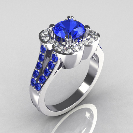 Classic 2011 Trend 14K White Gold 1.0 Carat Blue and White Diamond Celebrity Fashion Engagement Ring R104-14KWGDBD-1