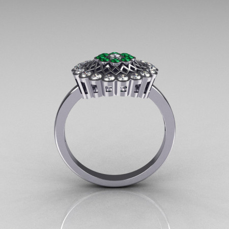 Classic 14K White Gold Diamond Emerald Cluster Bridal Ring R107-14KWGDEM-1