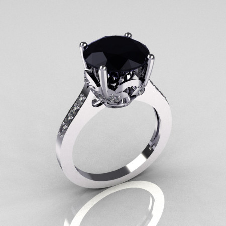 Classic 18K White Gold 3.5 Carat Black Diamond Pave White Diamond Solitaire Wedding Ring R301-18WGDBL-1