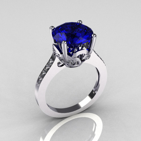 Classic 10K White Gold 3.5 Carat Blue Sapphire Pave Diamond Solitaire Wedding Ring R301-10WGDBL-1