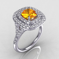 Soleste Style 14K White Gold 1.25 Carat Cushion Citrine Bead-Set Diamond Engagement Ring R116-14WGDCT-1