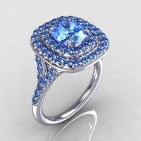 Soleste Style 10K White Gold 1.25 CT Cushion Cut Blue Topaz Bead-Set Engagement Ring R116-10WGBTT-1
