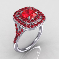 Soleste Style 18K White Gold 1.25 CT Cushion Cut Red Ruby Bead-Set Engagement Ring R116-18WGRR-1