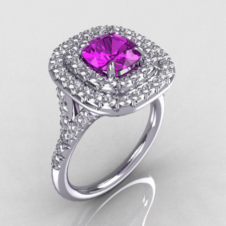 Soleste Style 10K White Gold 1.25 CT Cushion Cut Amethyst Bead-Set Diamond Engagement Ring R116-10WGDAM-1