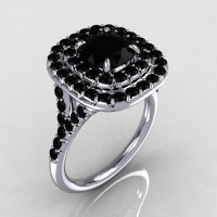 Soleste Style 14K White Gold 1.25 CT Cushion Cut Black Diamond Bead-Set Engagement Ring R116-14WGBLL-1