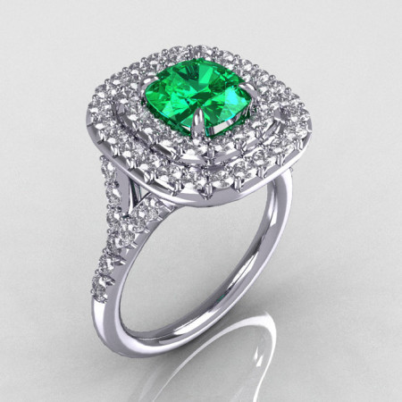 Soleste Style 18K White Gold 1.25 CT Cushion Cut Emerald Diamond Bead-Set Engagement Ring R116-18WGDEM-1