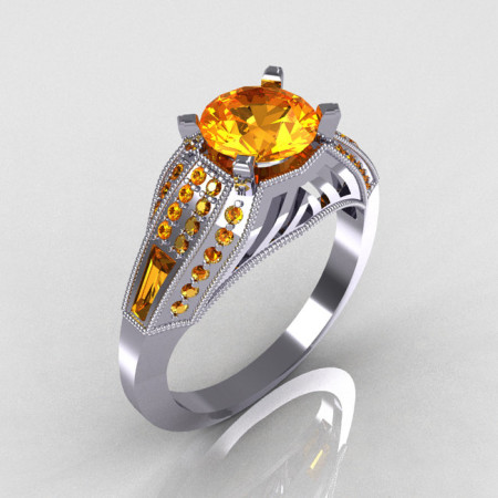 Aztec-Edwardian 10K White Gold 1.0 CT Round and Baguette Citrine Engagement Ring MR001-10WGCI-1