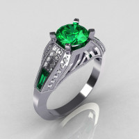 Aztec-Edwardian 18K White Gold 1.0 CT Round and Baguette Emerald Diamond Engagement Ring MR001-18WGDEM-1