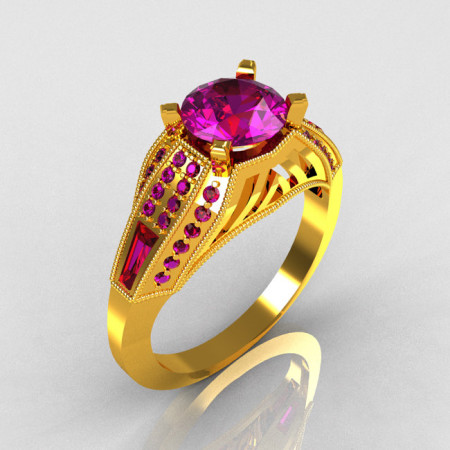 Aztec-Edwardian 22K Yellow Gold 1.0 CT Round and Baguette Amethyst Engagement Ring MR001-22YGAM-1
