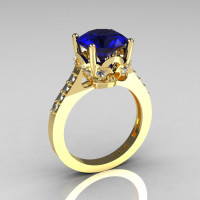French Bridal 14K Yellow Gold 3.0 Carat Blue Sapphire Diamond Solitaire Wedding Ring R301-14YGDBS-1