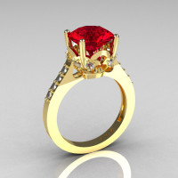 French Bridal 14K Yellow Gold 3.0 Carat Red Ruby Diamond Solitaire Wedding Ring R301-14YGDR-1