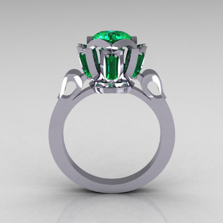 Modern Edwardian 18K White Gold 1.0 Carat Emerald Baguette Cluster Wedding Ring R305-18WGEM-1