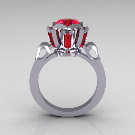 Modern Edwardian 10K White Gold 1.0 Carat Red Ruby Baguette Cluster Wedding Ring R305-10WGRR-1