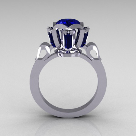 Modern Edwardian 14K White Gold 1.0 Carat Blue Sapphire Baguette Cluster Wedding Ring R305-14WGBS-1
