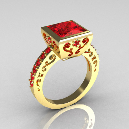 Classic Bridal 18K Yellow Gold 2.5 Carat Square Princess Red Ruby Designer Ring R309-18YGRR-1