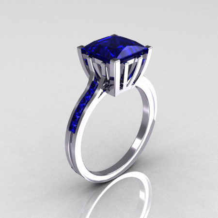 Modern Italian 10K White Gold 2.0 Carat Princess Blue Sapphire Solitaire Ring R312-10KWGBS-1