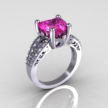 Modern Vintage 18K White Gold 3.0 Carat Heart Pink Sapphire Diamond Solitaire Ring R134-18KWGDPS-1