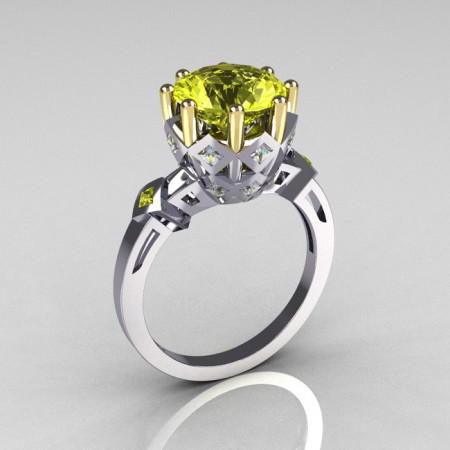 Modern Vintage 14K White Gold Two Tone 3.0 Carat Yellow Diamond Princess Diamond Solitaire Wedding Ring R303-14WYGDYD-1