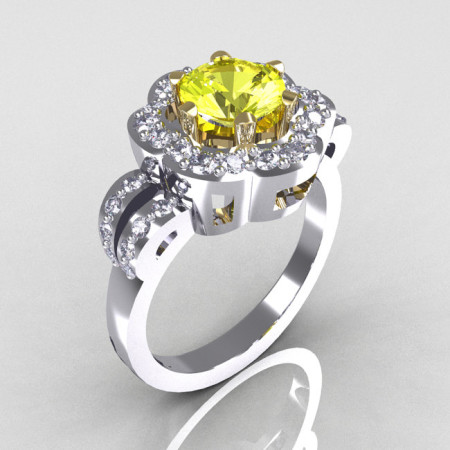 Classic 14K White Gold Two Tone 1.0 Carat Yellow and White Diamond Pave 2011 Trend Engagement Ring R108-14KWGTTDYD-1
