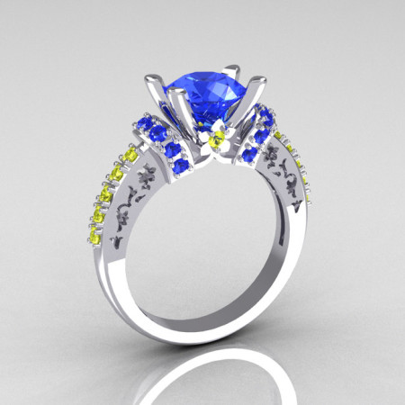 Modern Armenian Classic 10K White Gold 1.5 Carat Blue and Yellow Sapphire Solitaire Wedding Ring R137-10WGBYS-1