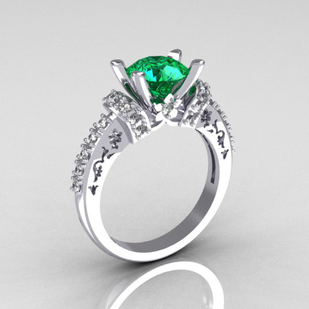 Modern Armenian Classic 10K White Gold 1.5 Carat Emerald Diamond Solitaire Wedding Ring R137-10WGDEM-1
