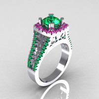 Modern Armenian Vintage 14K White Gold 1.0 Carat Emerald Pink Sapphire Engagement Ring R137-14WGEMPS-1
