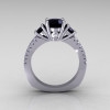Modern French Bridal 14K White Gold Three Stone 1.0 Carat Black Diamond Accent White Diamond Engagement Ring R140-14WGDBD-3