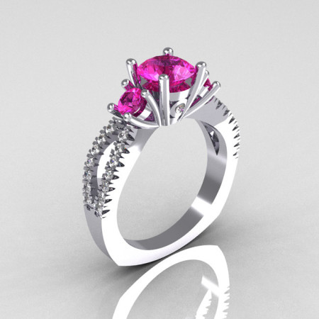 Modern French Bridal 14K White Gold Three Stone 1.0 Carat Pink Sapphire Accent White Diamond Engagement Ring R140-14WGDPS-1
