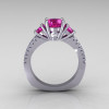 Modern French Bridal 14K White Gold Three Stone 1.0 Carat Pink Sapphire Accent White Diamond Engagement Ring R140-14WGDPS-2