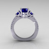 Modern French Bridal 10K White Gold Three Stone 1.0 Carat Blue Sapphire Accent Diamond Engagement Ring R140-10WGDBS-2