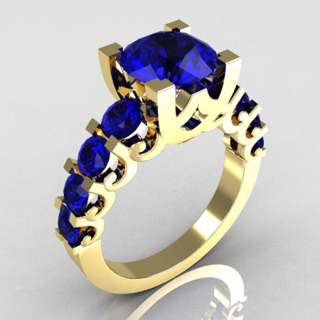 Modern Vintage 10K Yellow Gold 2.0 Carat Blue Sapphire Designer Wedding Ring R142-10YGBSS-1