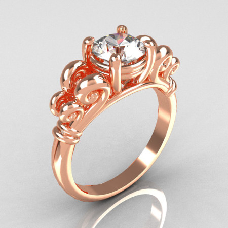 Modern Antique 14K Pink Gold 1.0 Carat Round White Sapphire Designer Solitaire Ring R141-14PGWS-1