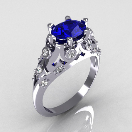 Modern Edwardian 18K White Gold 1.0 Carat Oval Blue Sapphire Bridal Ring R147-18WGDBS-1