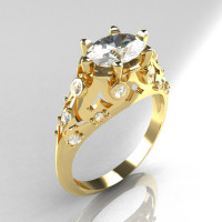 Modern Edwardian 10K Yellow Gold 1.0 Carat Oval White Sapphire Bridal Ring R147-10YGDWS-1
